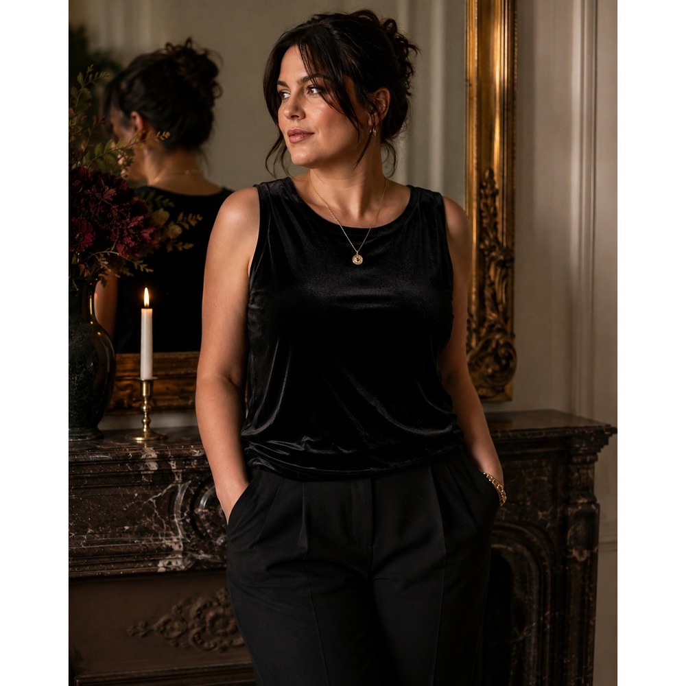 DKNY Black Velour Velvet Sleeveless Top Holiday Cocktail Evening Whimsigoth 2X